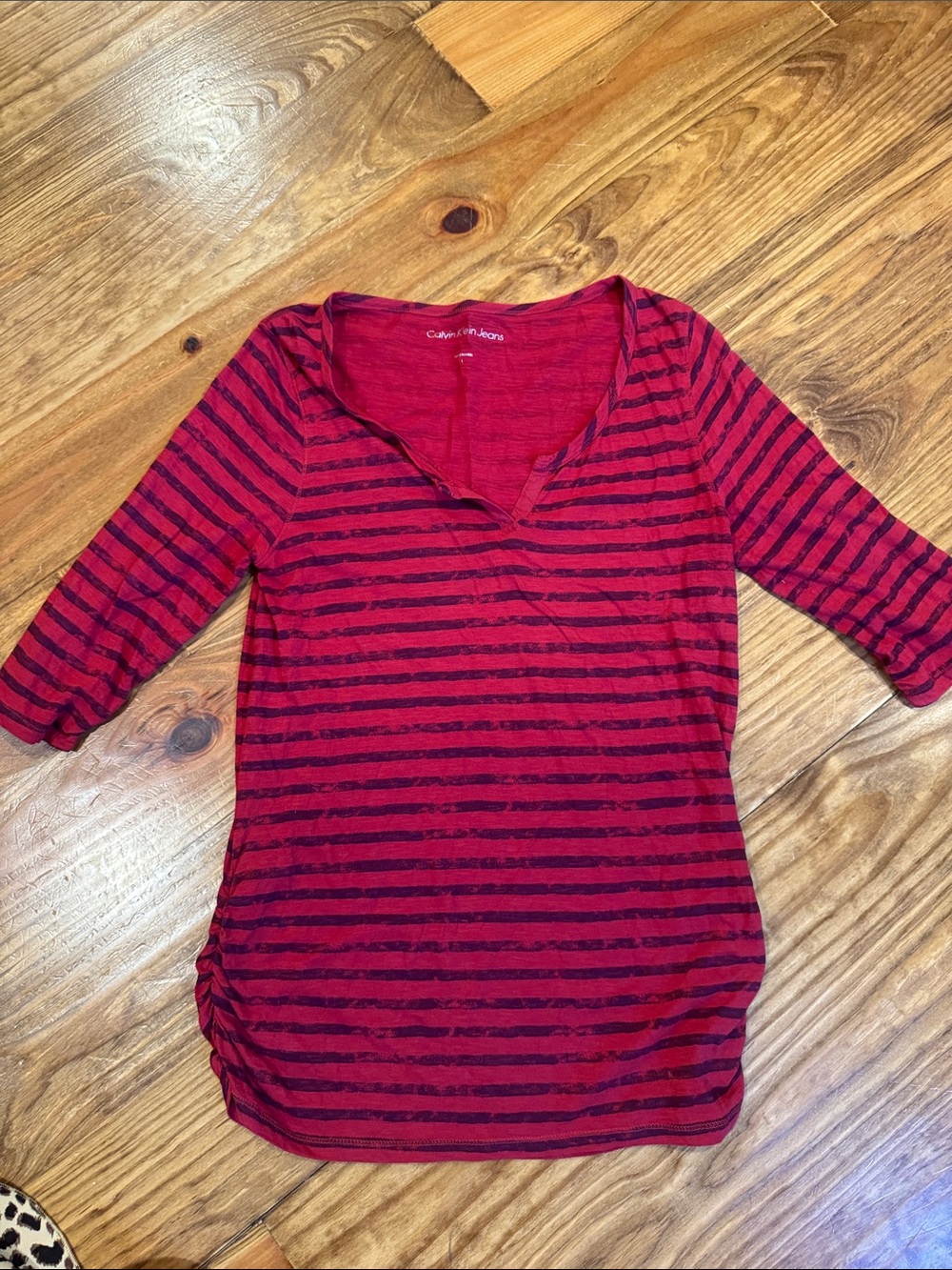 Calvin Klein Red and Navy Striped 3/4 Sleeve V-Neck Top